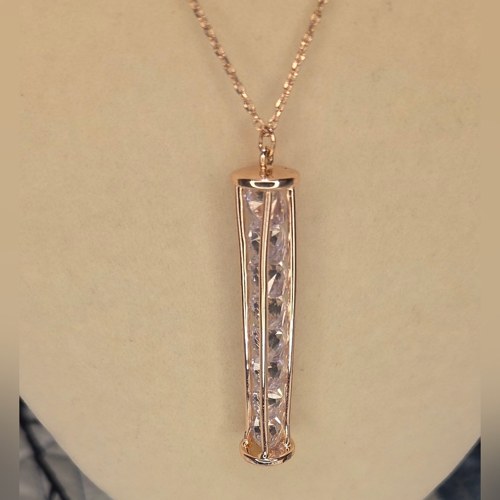 Express Rose Gold Crystal Bar Necklace Long Minimalist Pendant Jewelry - Picture 2 of 4